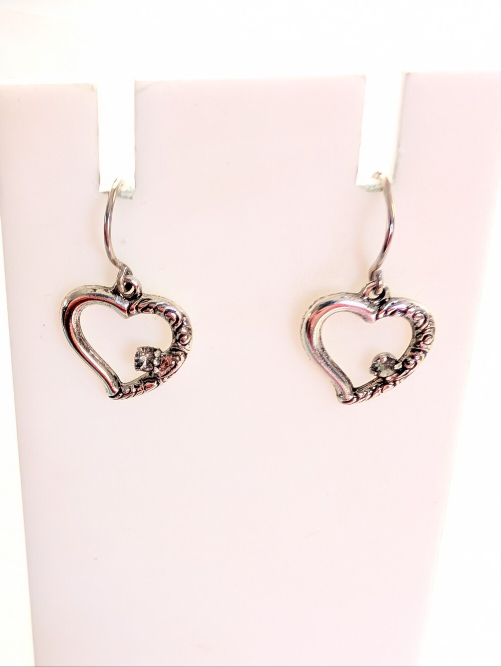 Vintage Dainty Delicate Scrolling Silver Tone Heart Rhinestone Dangle Earrings